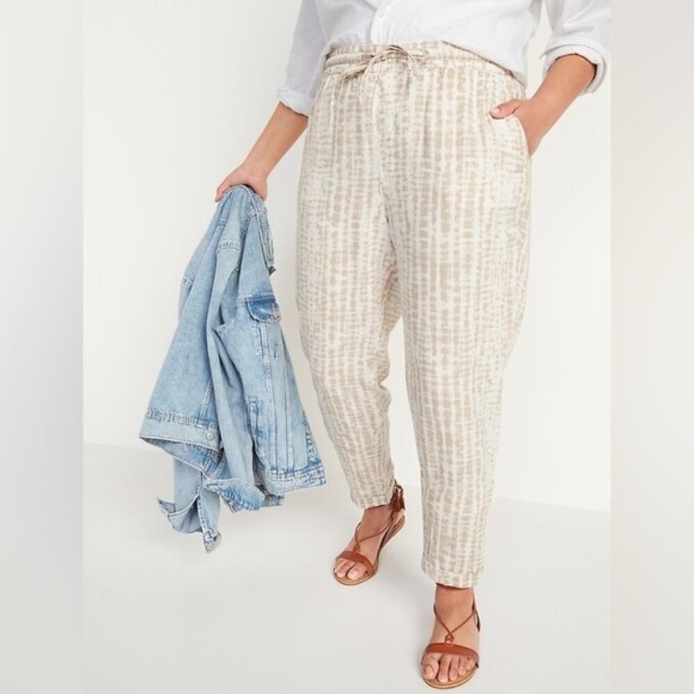 Old Navy Linen Stripes High Waiste Straight L Pants PullOn TieDye Neutral Pocket
